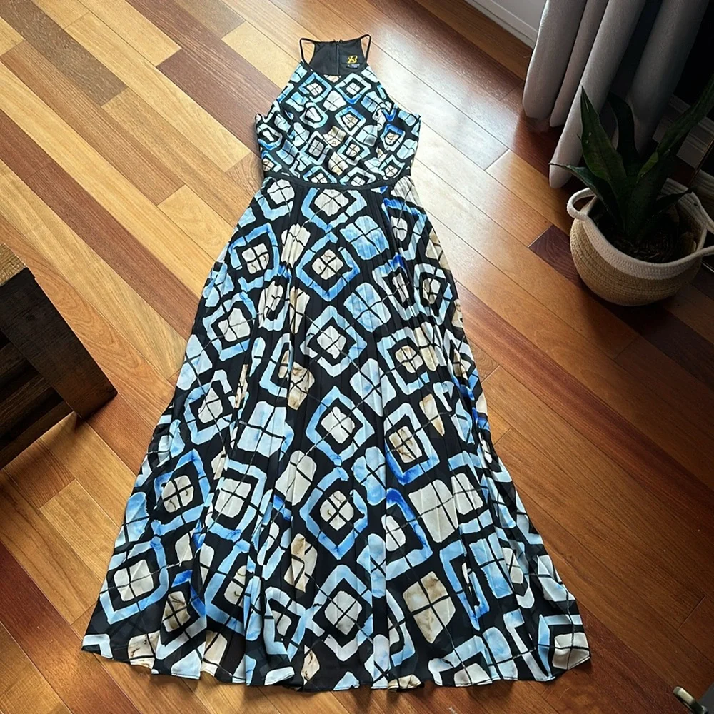 Anthropologie Blue Geometric Maxi Halter Dress with Pleated Skirt, size 2 - Picture 4 of 15